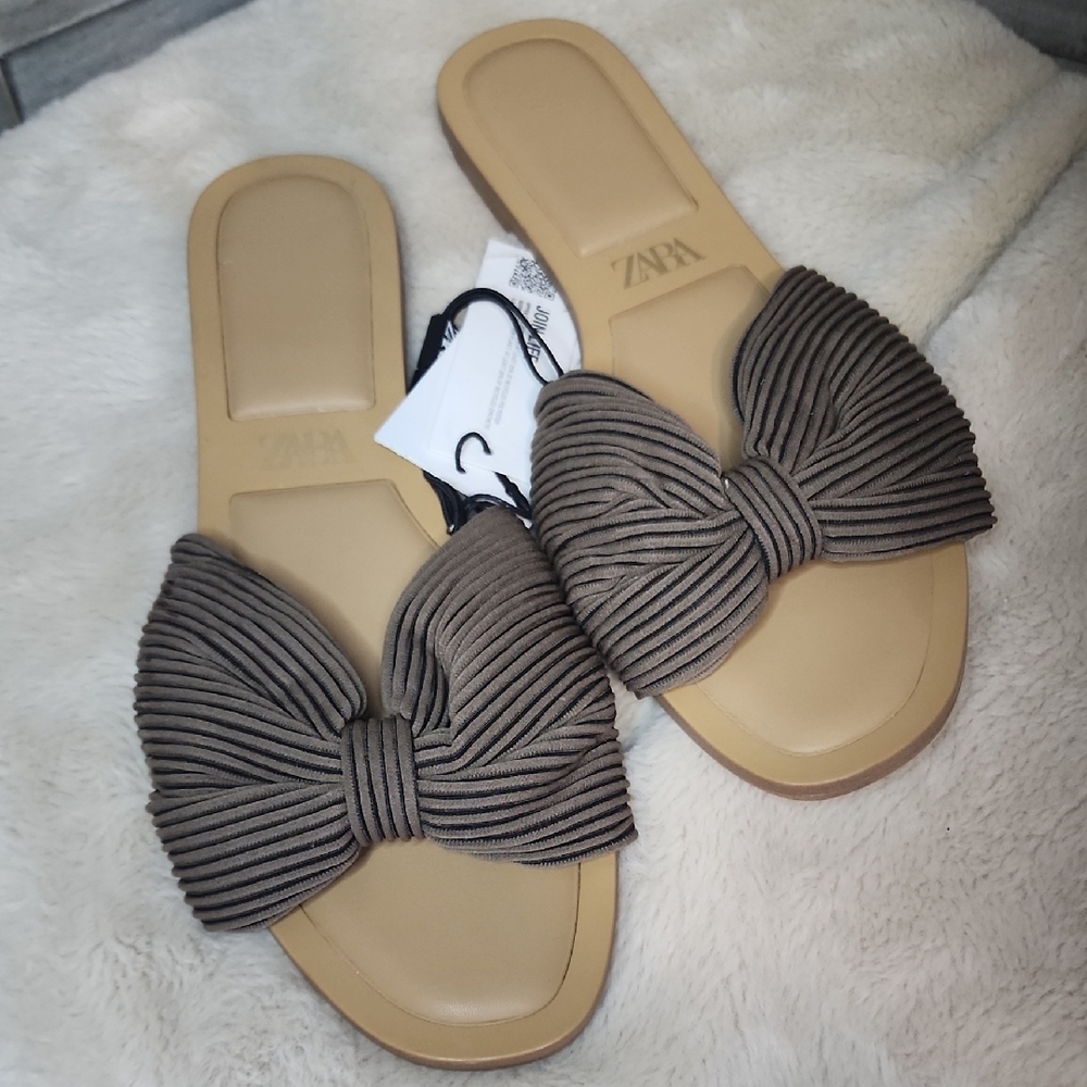 Zara Brown Knotted Bow Slide Sandals